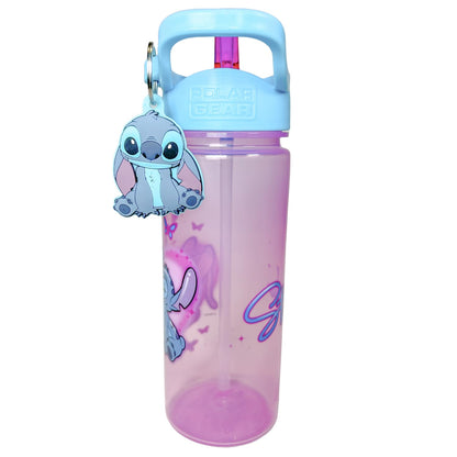 Disney Stitch and Angel 500ml kids water bottle with straw and Stitch keyring charm, featuring Lilo and Stitch design for girls.