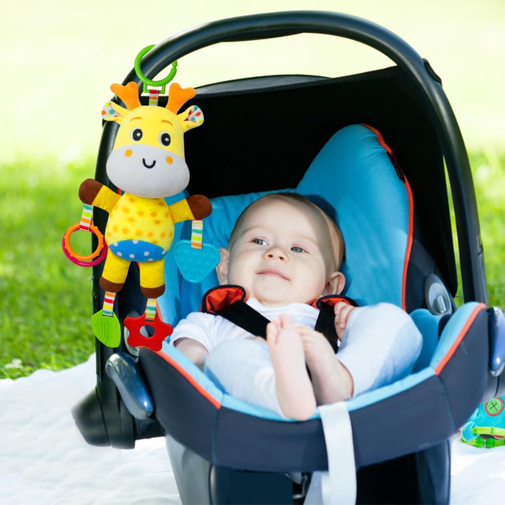 MIFKLMV baby pram toy set with plush giraffe stuffed animals, clip-on soft hanging rattle toy for infants 0-6 months