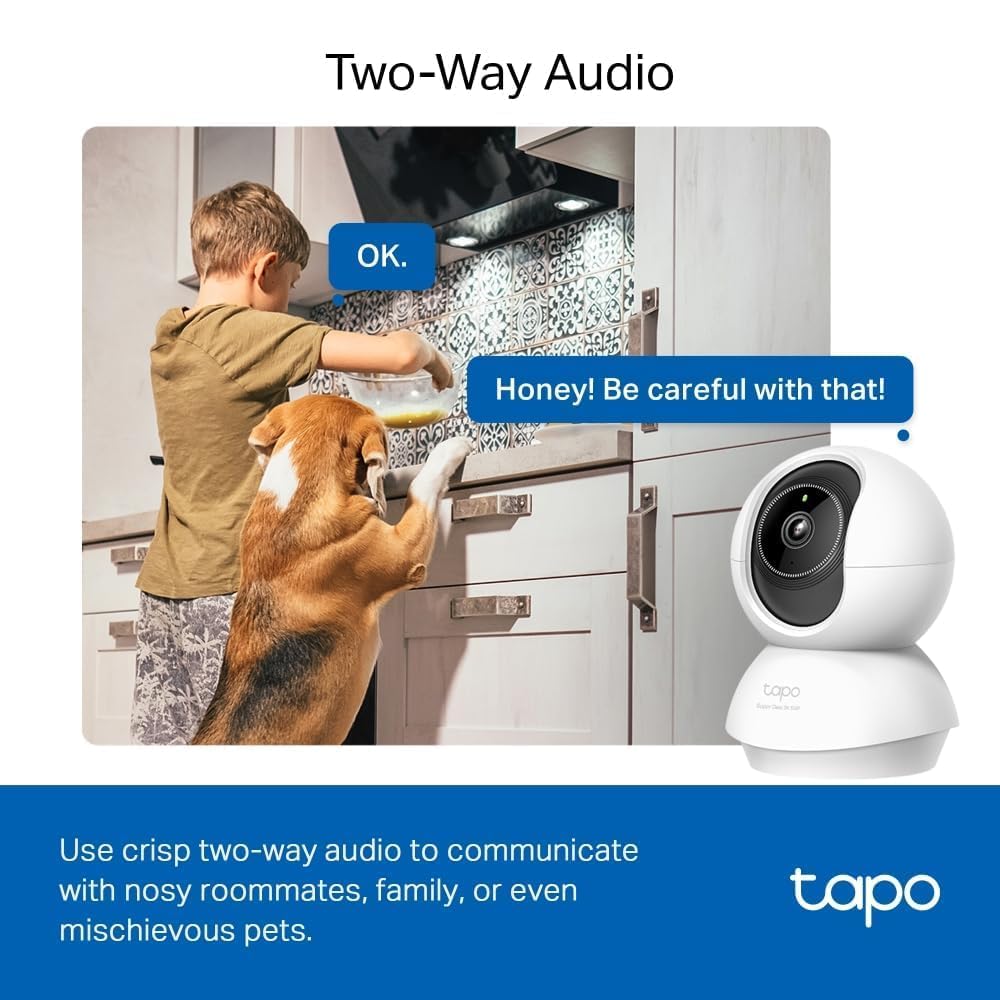 Tapo C230 5MP indoor security camera with pan/tilt, night vision, two-way audio, AI detection for person, pet, and baby cry.