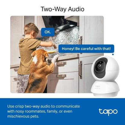 Tapo C230 5MP indoor security camera with pan/tilt, night vision, two-way audio, AI detection for person, pet, and baby cry.
