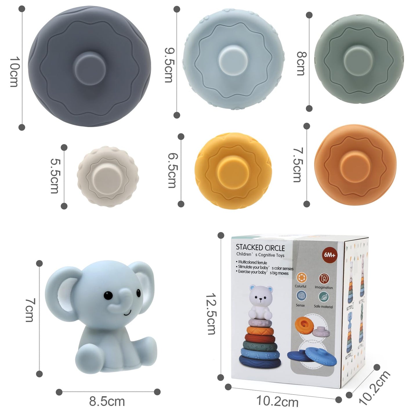 LEADSTAR Stacking Baby Toys Silicone, Elephant Silicone Soft Stack Rings, Teether for Baby, Early Development & Activity Sensory Toys for Babies, Toddlers & Infant, Gifts for Girls-7 PCS Teething Set