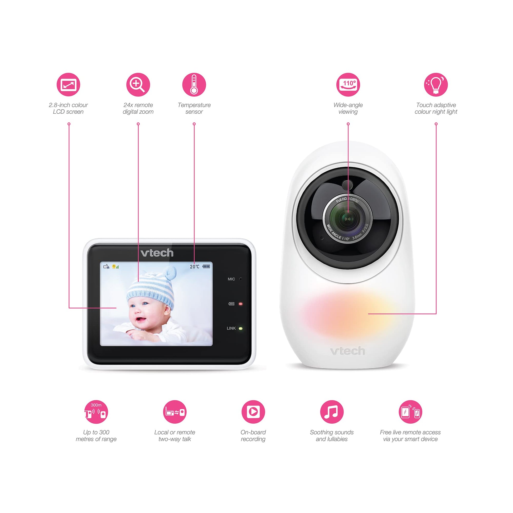 VTech RM2751 2.8-inch Wi-Fi HD baby monitor with remote access, showing the monitor display with camera view and controls