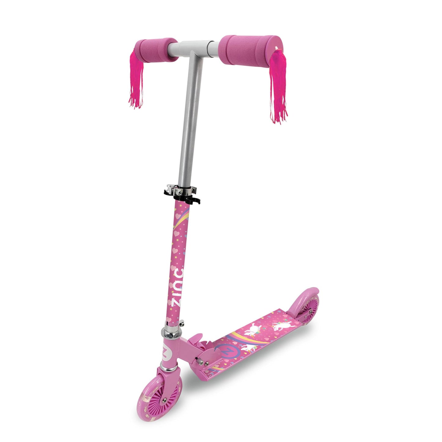 Zinc Kids Scooter for Ages 3+, Folding 2-Wheel Kick Scooter with Light Up Wheels, Height Adjustable, Anti-Slip Footplate, Rear Footbrake, Unicorn with Tassels