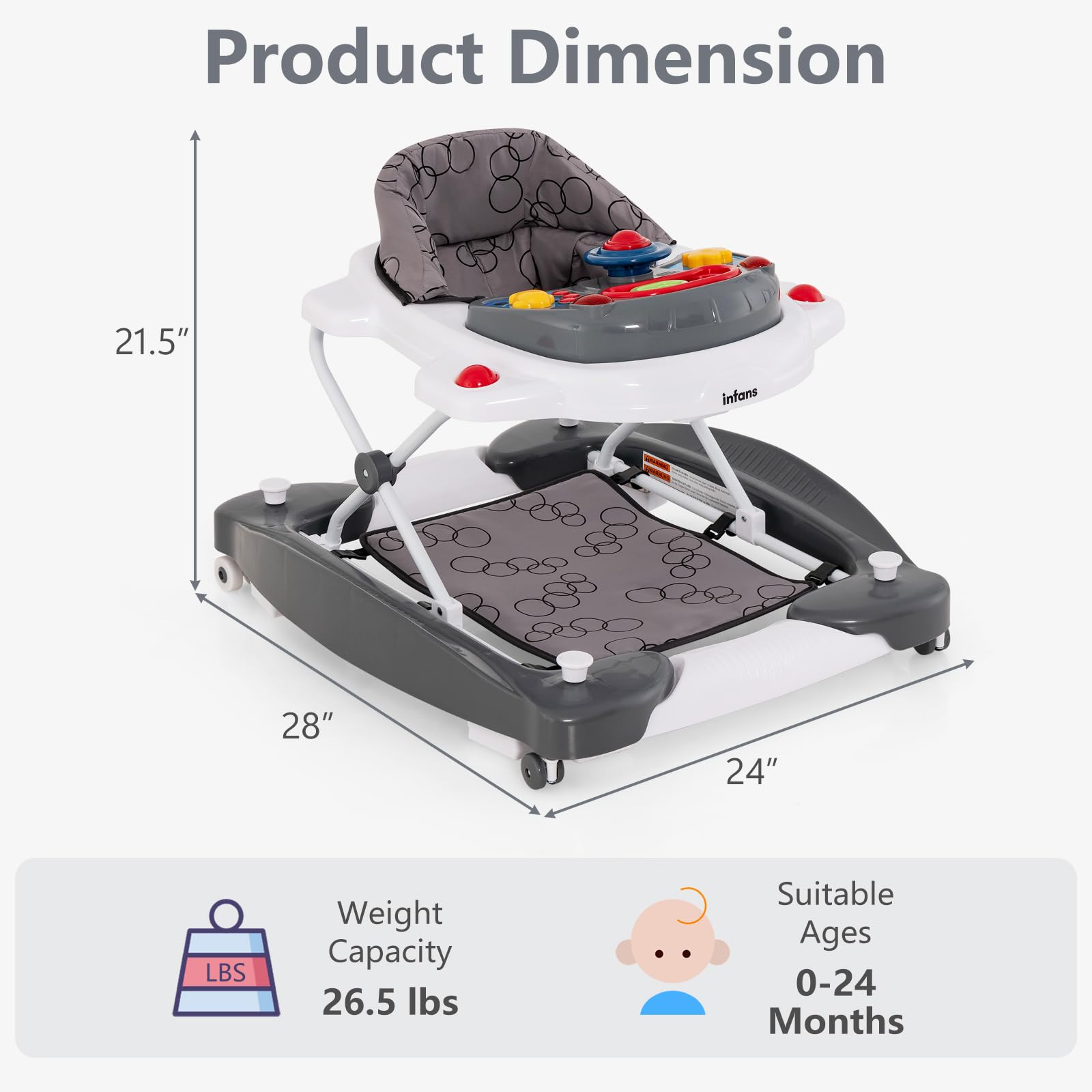 INFANS 5-in-1 baby walker with removable music tray, adjustable height, washable seat, and foldable activity center for toddlers in grey