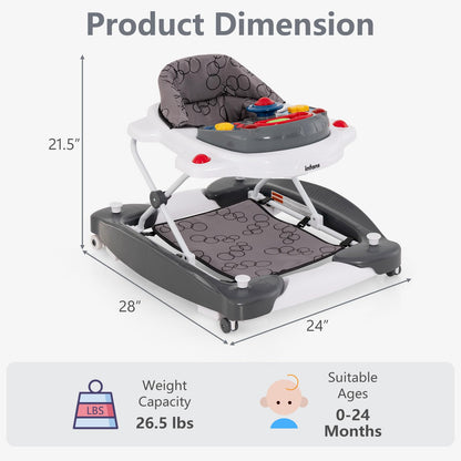 INFANS 5-in-1 baby walker with removable music tray, adjustable height, washable seat, and foldable activity center for toddlers in grey