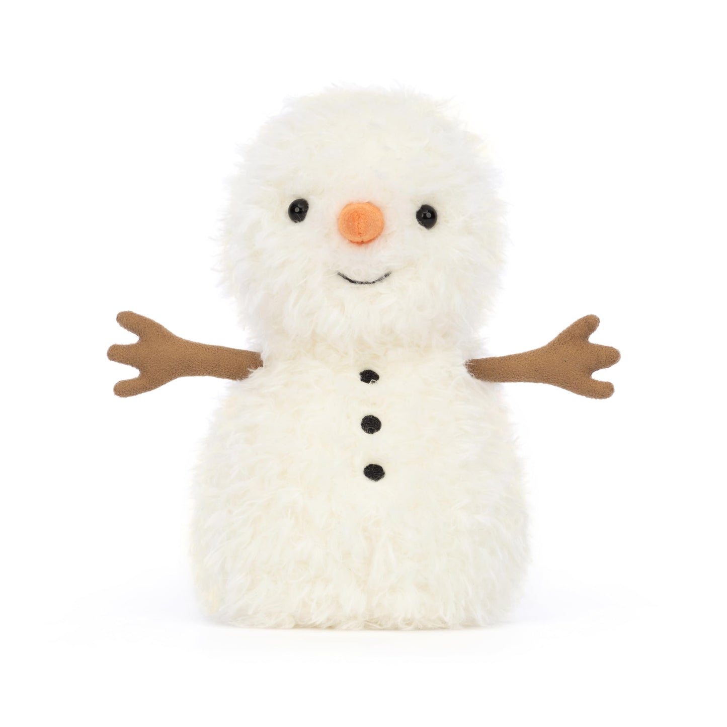 Jellycat Little Snowman plush toy, 18 cm tall, with a friendly smile and soft, white fabric, perfect for cuddles.