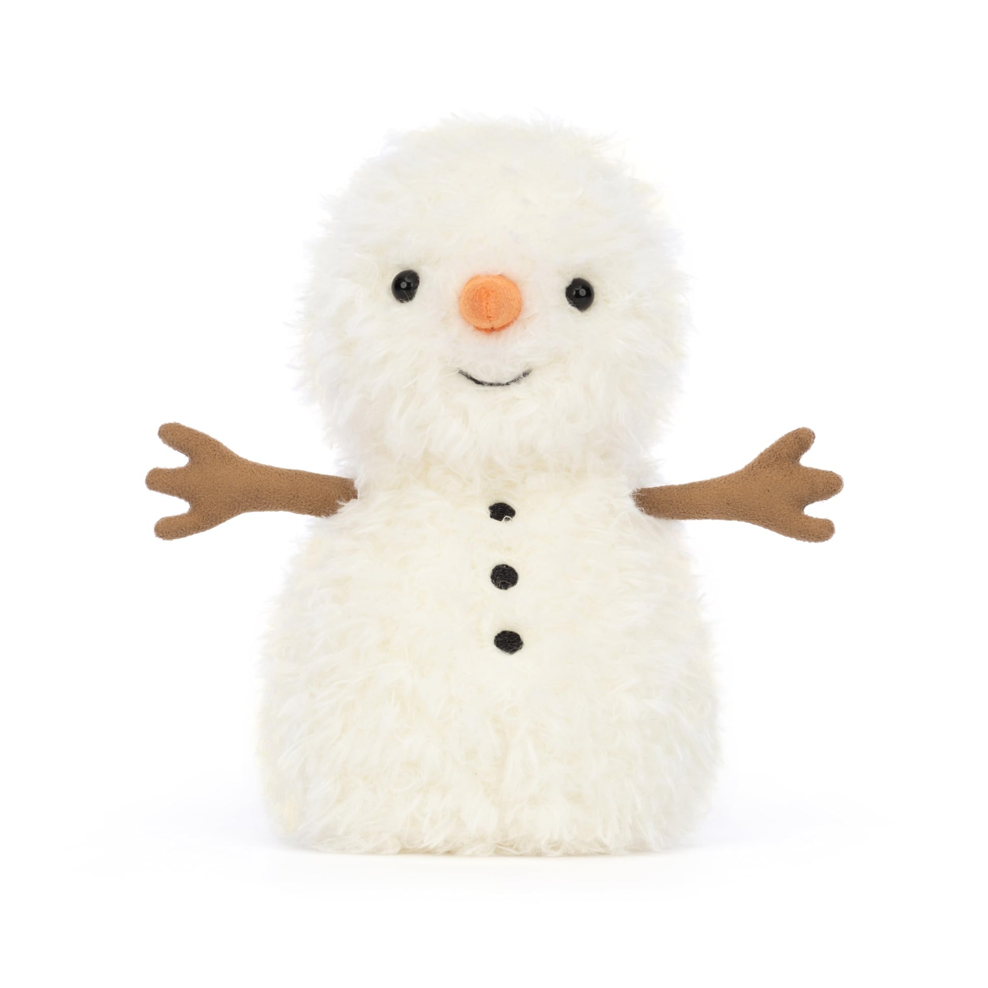 Jellycat Little Snowman plush toy, 18 cm tall, with a friendly smile and soft, white fabric, perfect for cuddles.