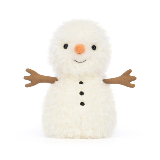 Jellycat Little Snowman plush toy, 18 cm tall, with a friendly smile and soft, white fabric, perfect for cuddles.