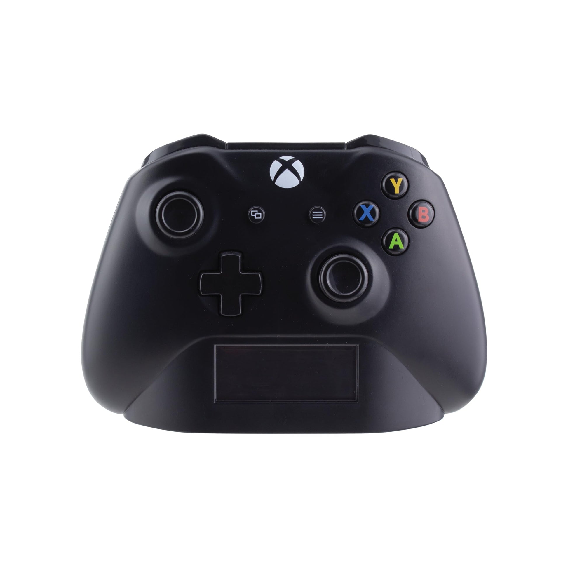 Paladone Xbox controller alarm clock in black with digital time and date display, gaming-themed bedroom decor accessory