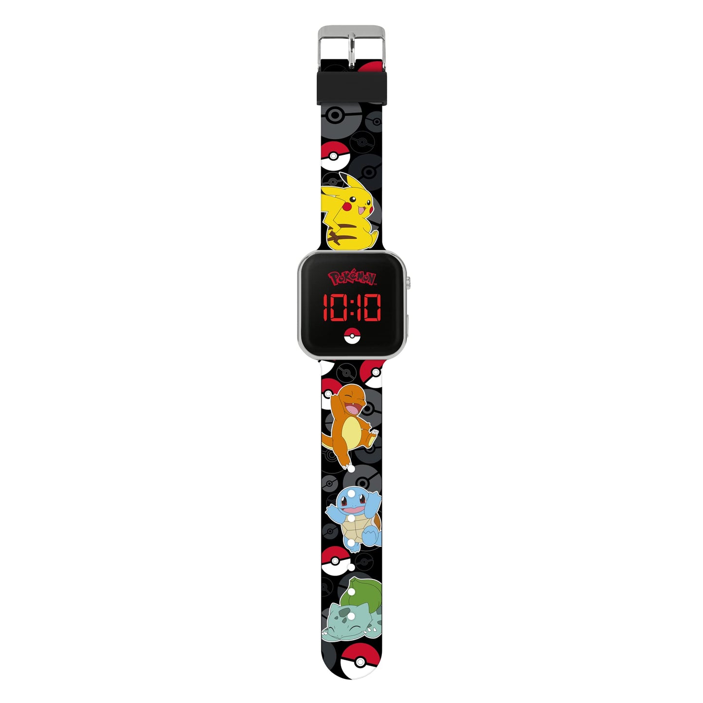 Pokémon Black LED watch featuring a printed silicone strap, showcasing a sleek design and vibrant graphics.