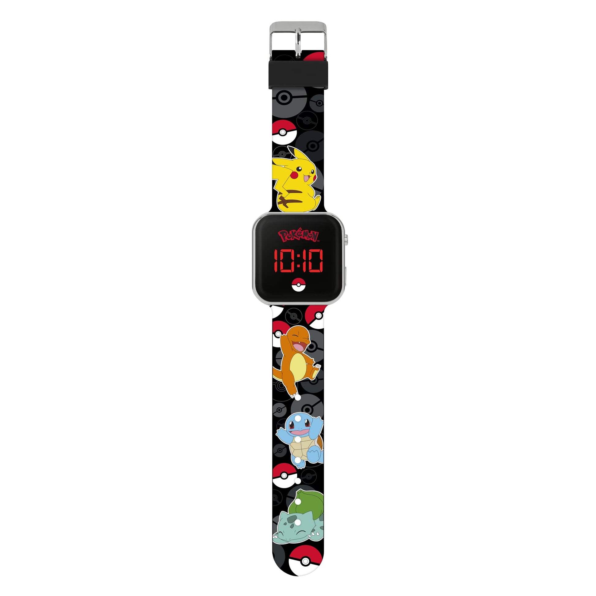 Pokémon Black LED watch featuring a printed silicone strap, showcasing a sleek design and vibrant graphics.