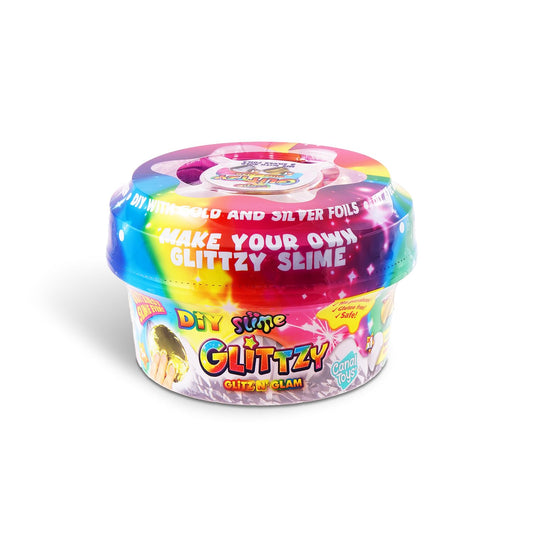 So Slime Glitzy Glitz & Glam Slime Pot with clear slime, metallic foil, and decorative embellishments for creative slime decorating.