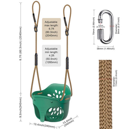 BeneLabel green elephant kids' plastic bucket swing with high back, adjustable rope for toddlers aged 1-3, indoor and outdoor use