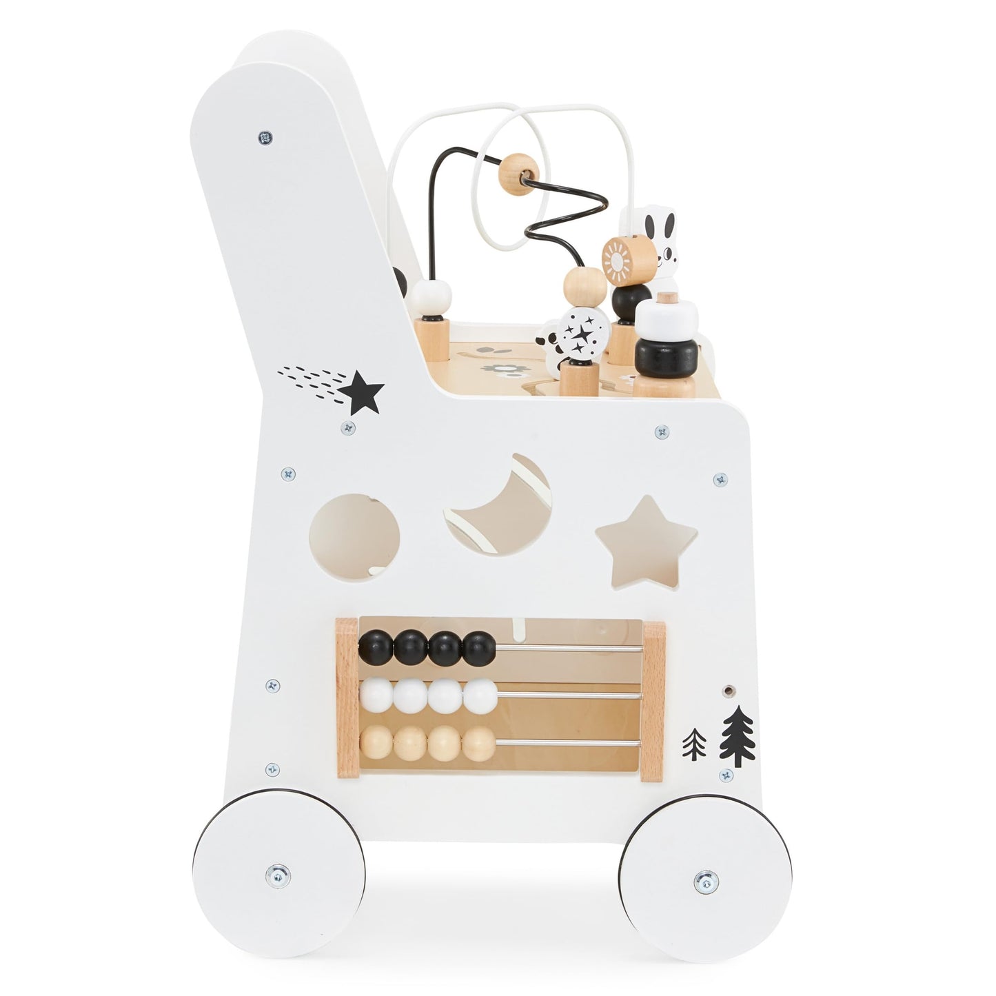 Mamabrum wooden baby walker with wheels, featuring shape sorter, bead mazes, gears, abacus, stacking blocks for 12+ months.