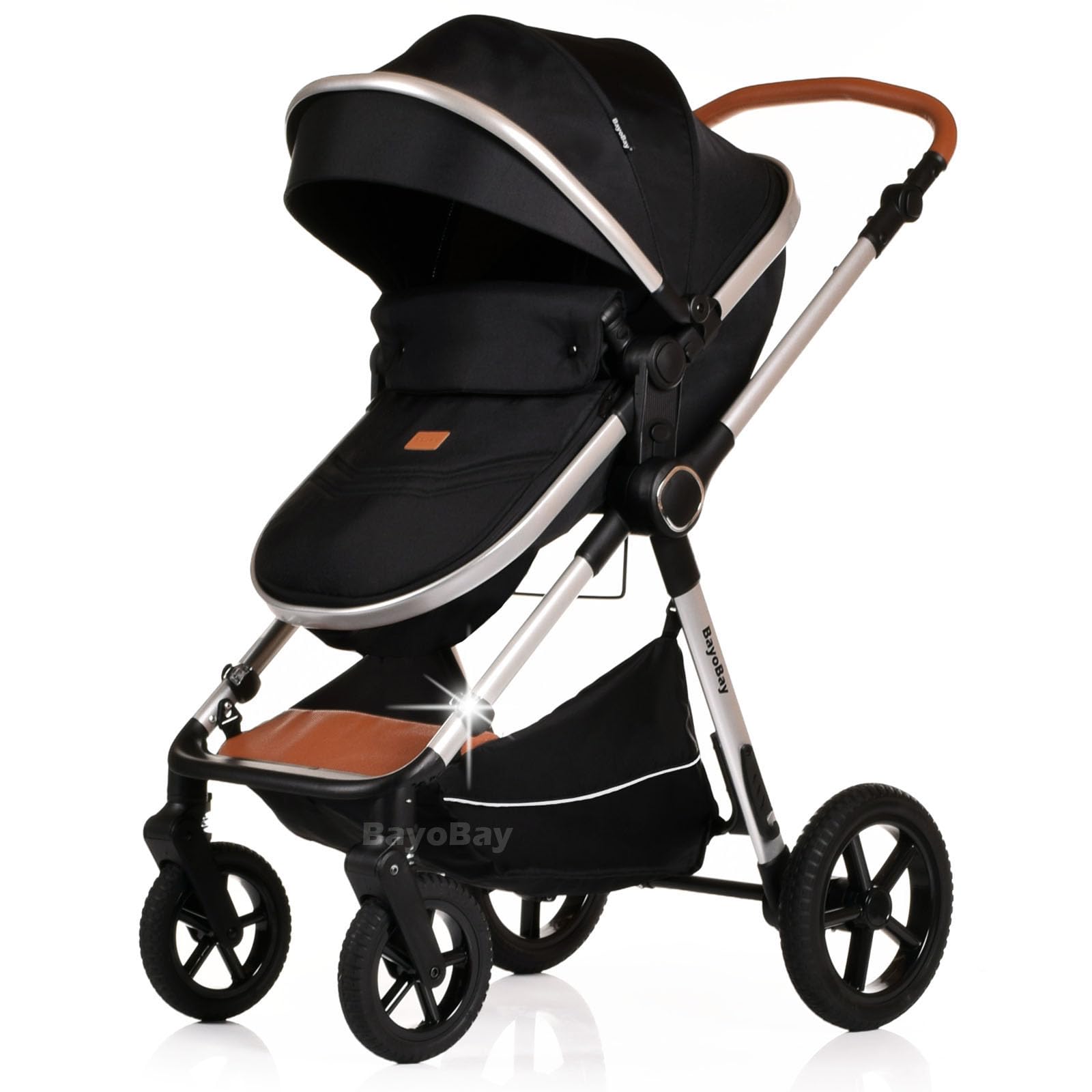 BayoBay 3-in-1 baby buggy pram with stroller, car seat, and carrycot in black silver, lightweight and foldable for travel.