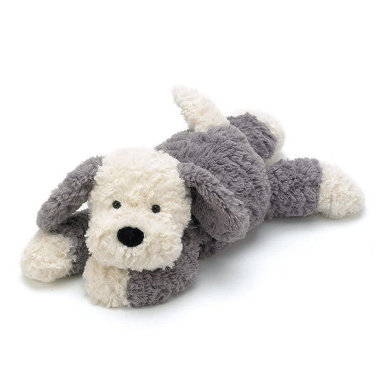 Soft Jellycat Tumblie Sheepdog plush toy, 35cm tall, featuring floppy ears and a cuddly design.