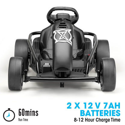 Xootz Comet Electric Go Kart, Kids Ride-On Racing Go Kart, 2 Speed with Drift Mode and Reversing, Steering Wheel, and Pedals, 2 x 12V Rechargeable Batteries, Custom, Black
