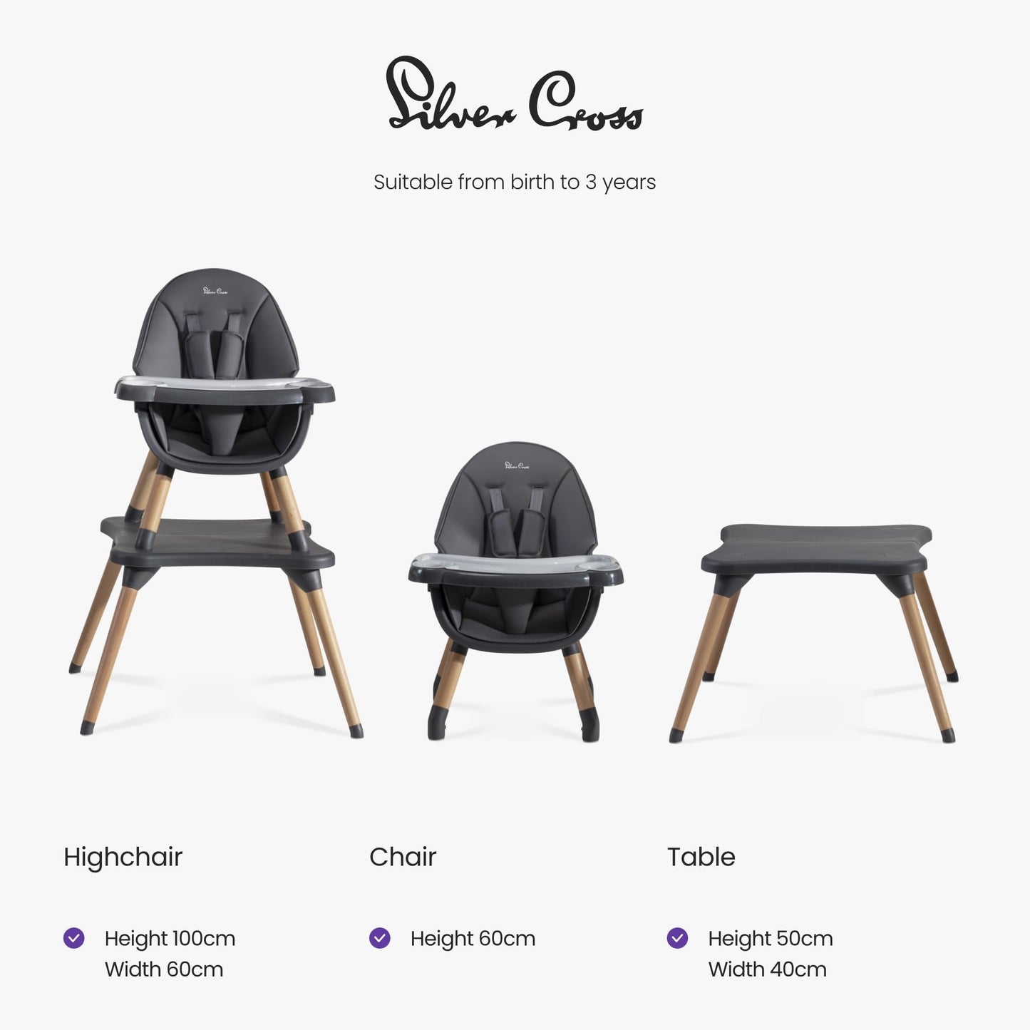Silver Cross - Eat&Play 4-in-1 Highchair - Convertible Baby Chair - Highchair, Booster seat, Toddler Chair & Table All in 1-6 Months to 5 Years - Graphite