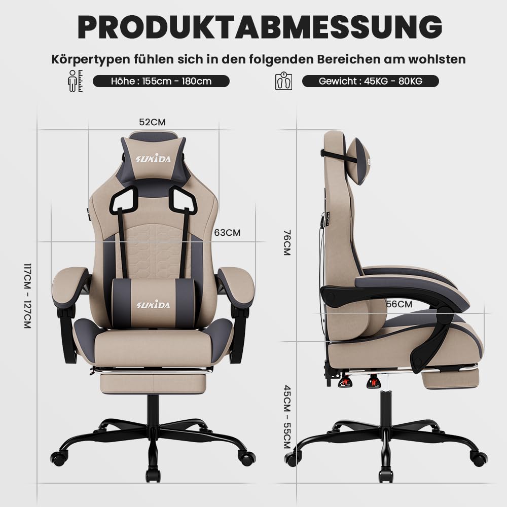 SUKIDA ergonomic gaming chair with headrest, lumbar support, footrest, and adjustable height for comfortable PC office use