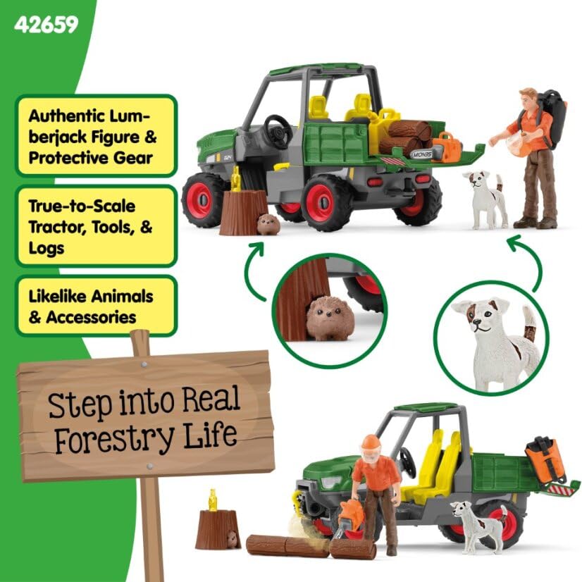 SCHLEICH Farm World - Working in The Forest Playset with Action Figure, Dog Figurine, Tractor Toy and Accessories - Imaginative Play Set for Kids Ages 3+