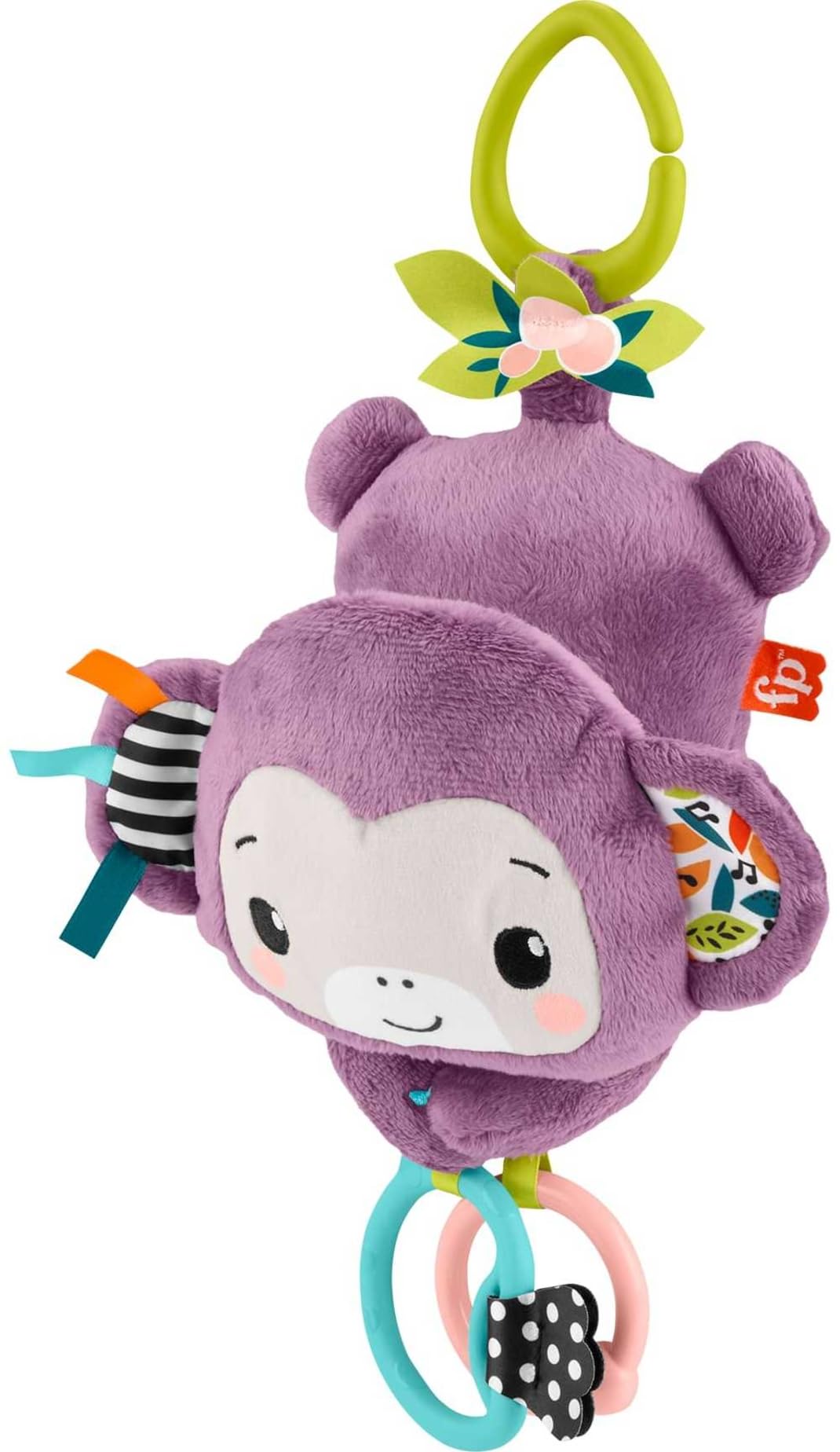 Fisher-Price Baby Stroller Toy Sing & Go Purple Monkey plush with crinkle and clackers, ideal for newborns, musical sensory toy.