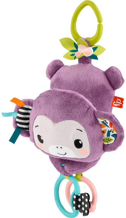 Fisher-Price Baby Stroller Toy Sing & Go Purple Monkey plush with crinkle and clackers, ideal for newborns, musical sensory toy.