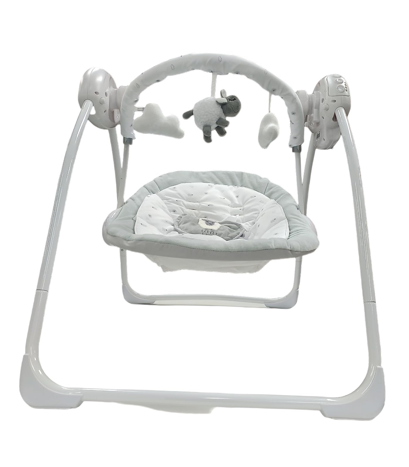 LADIDA folding baby swing with sweet lamb design, soothing music, suitable for newborns, featuring soft fabric and safety straps.