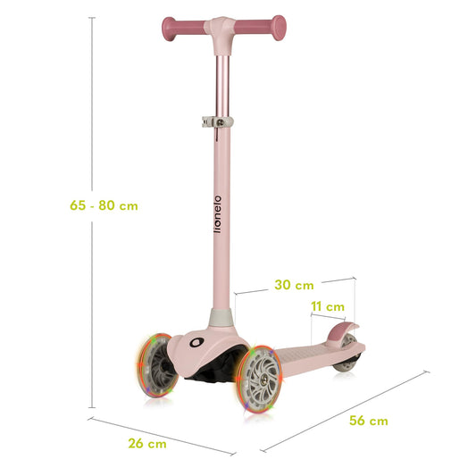 LIONELO JESSY kids scooter with LED light-up wheels, adjustable height, and non-slip platform for ages 3-5.
