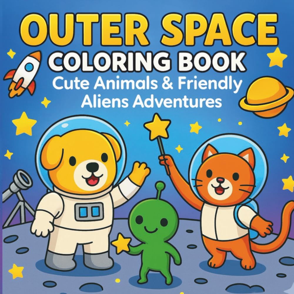 Outer Space Coloring Book: Cute Animals & Friendly Aliens Adventures for Kids 4-8