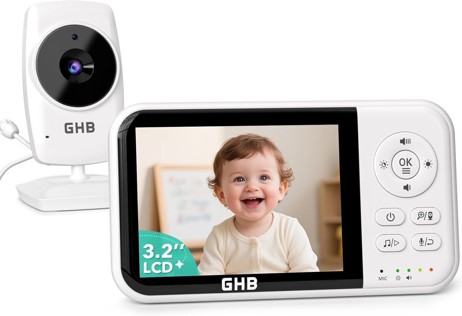 GHB baby monitor with camera, night vision, 3.2-inch screen, two-way audio, temperature sensor, zoom, lullabies, and feeding reminder