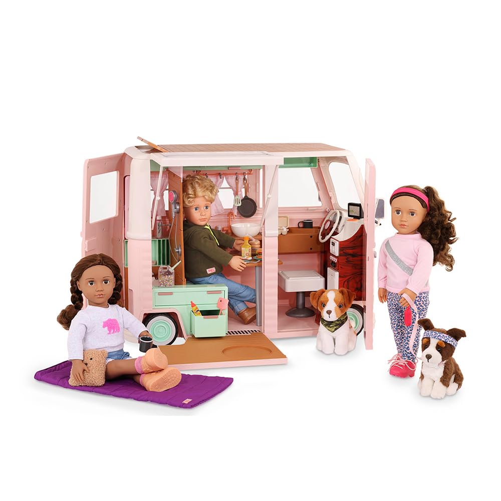Our Generation camper playset for 18-inch dolls, featuring a toy RV with electronics and 58 accessories for pretend play.