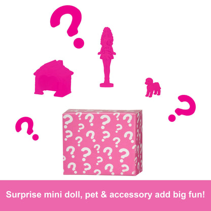 Mini Barbie Land dollhouse set with furniture, elevator, pool, and a 1.5-inch Barbie doll, designed for children 4 and up.