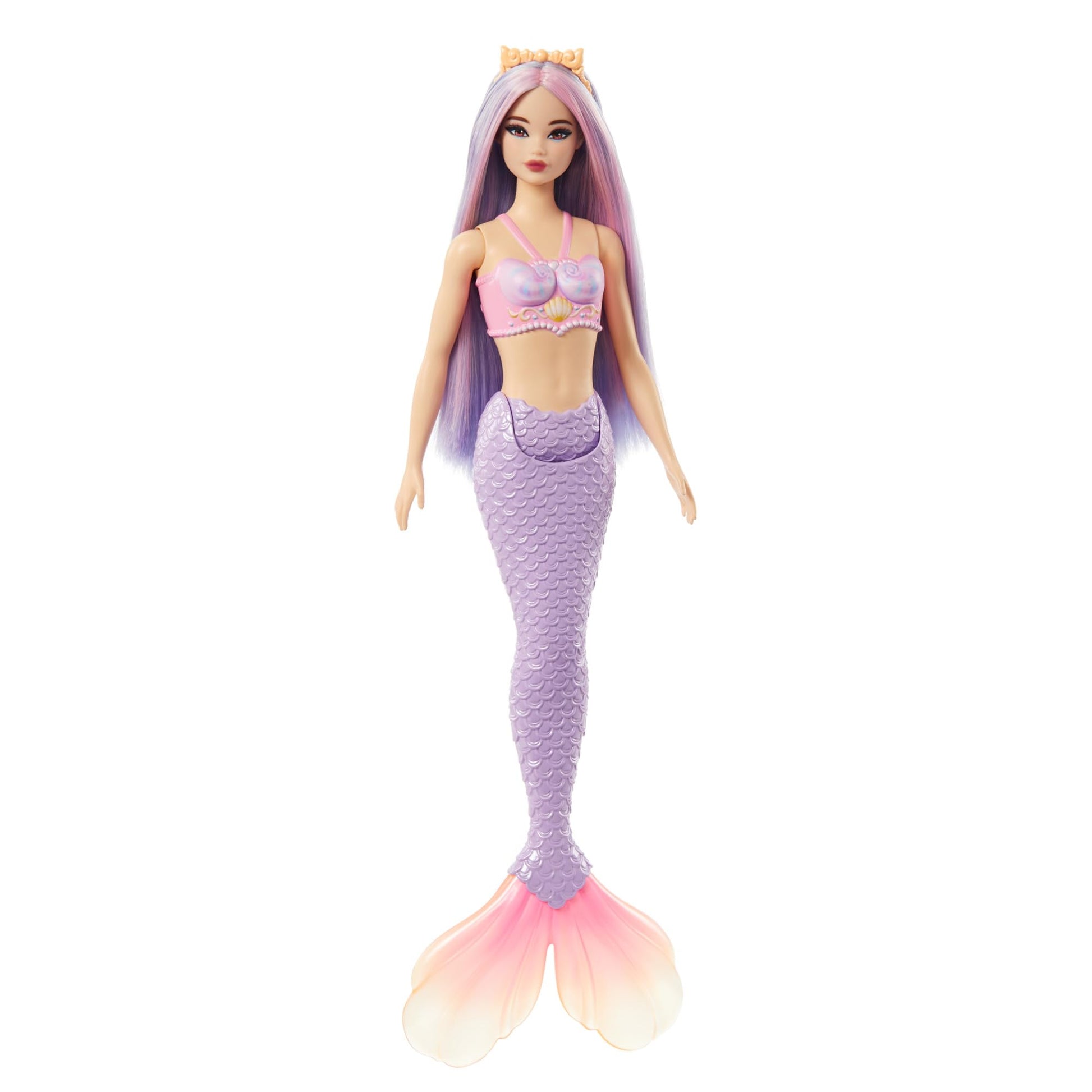 Barbie mermaid doll with pink and lilac hair, shell bodice, and lavender tail, wearing a matching headband accessory.