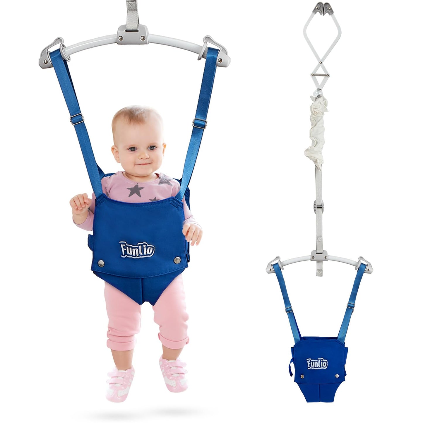 FUNLIO baby door jumper with door clamp, adjustable strap, strong spring, and portable design for infants 6-24 months.