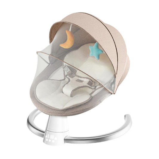 Pioncrey electric baby bouncer chair in khaki with Bluetooth, 5 swing speeds, remote control, suitable for newborns and infants.