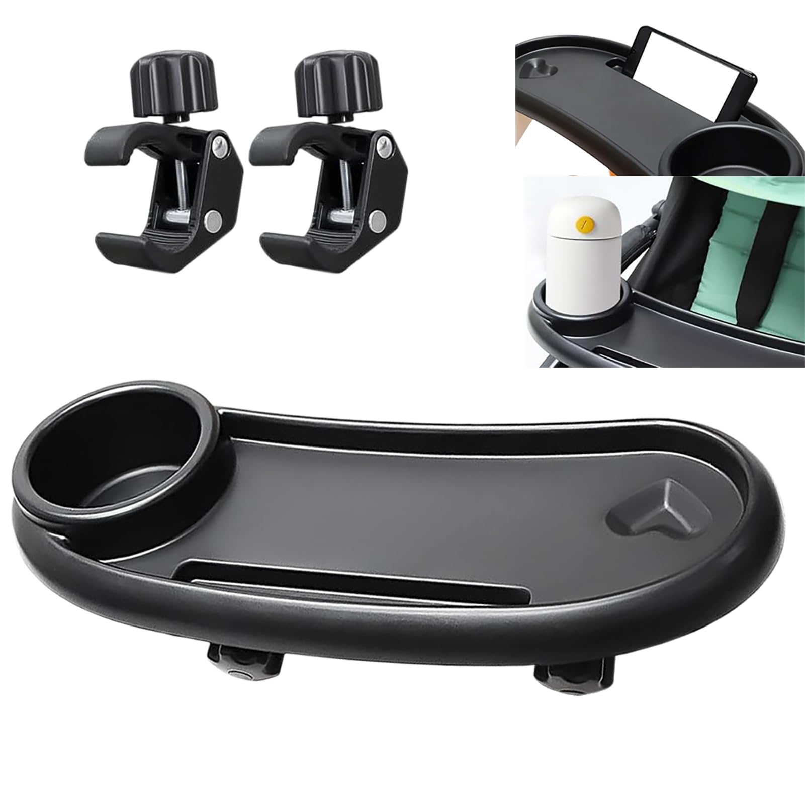 DeJivsin 3-in-1 black stroller snack tray with cup holder attached to pushchair, adjustable buckle, multifunction pram accessory
