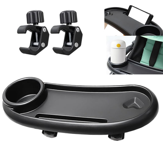 DeJivsin 3-in-1 black stroller snack tray with cup holder attached to pushchair, adjustable buckle, multifunction pram accessory