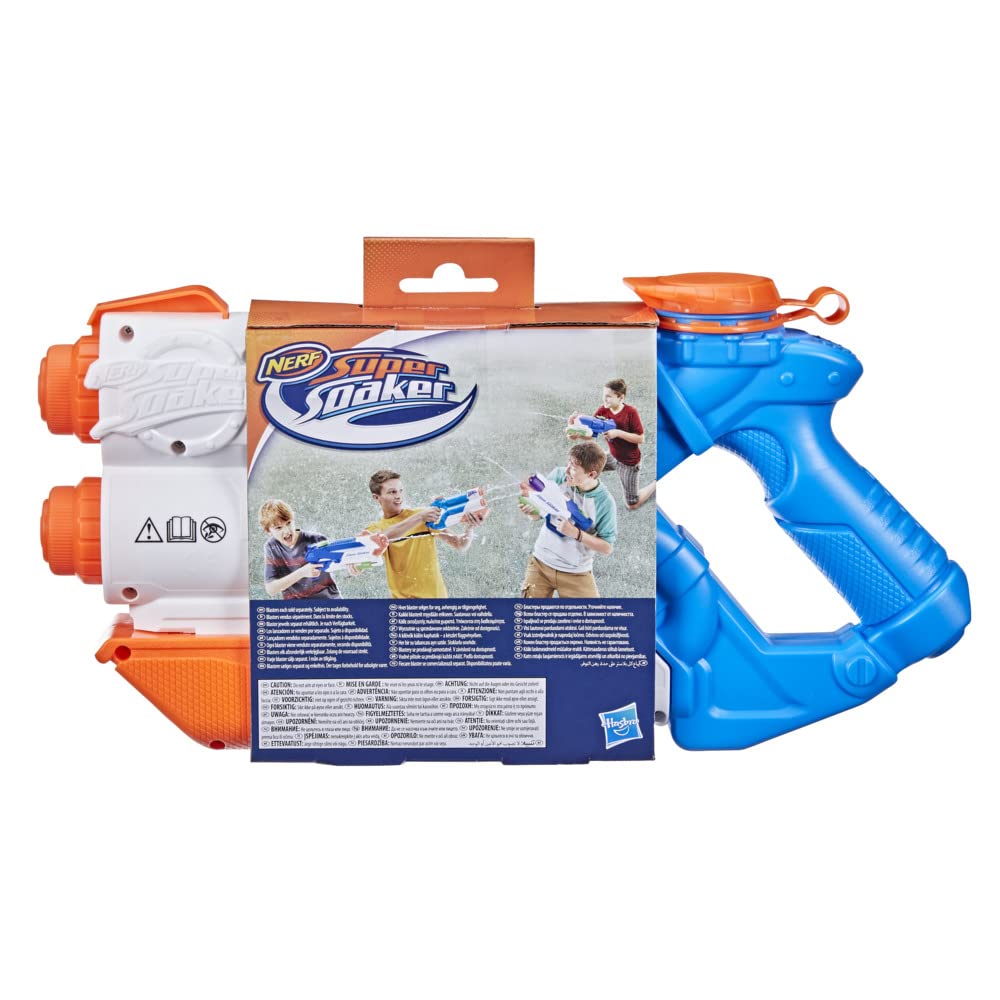 Nerf Super Soaker Twin Tide water blaster with dual pump action and colorful water spray nozzle for outdoor water fun.