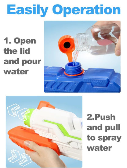 Two blue Cakkone water guns with long-range nozzles, 600ML capacity, suitable for kids and adults, summer pool and beach fun