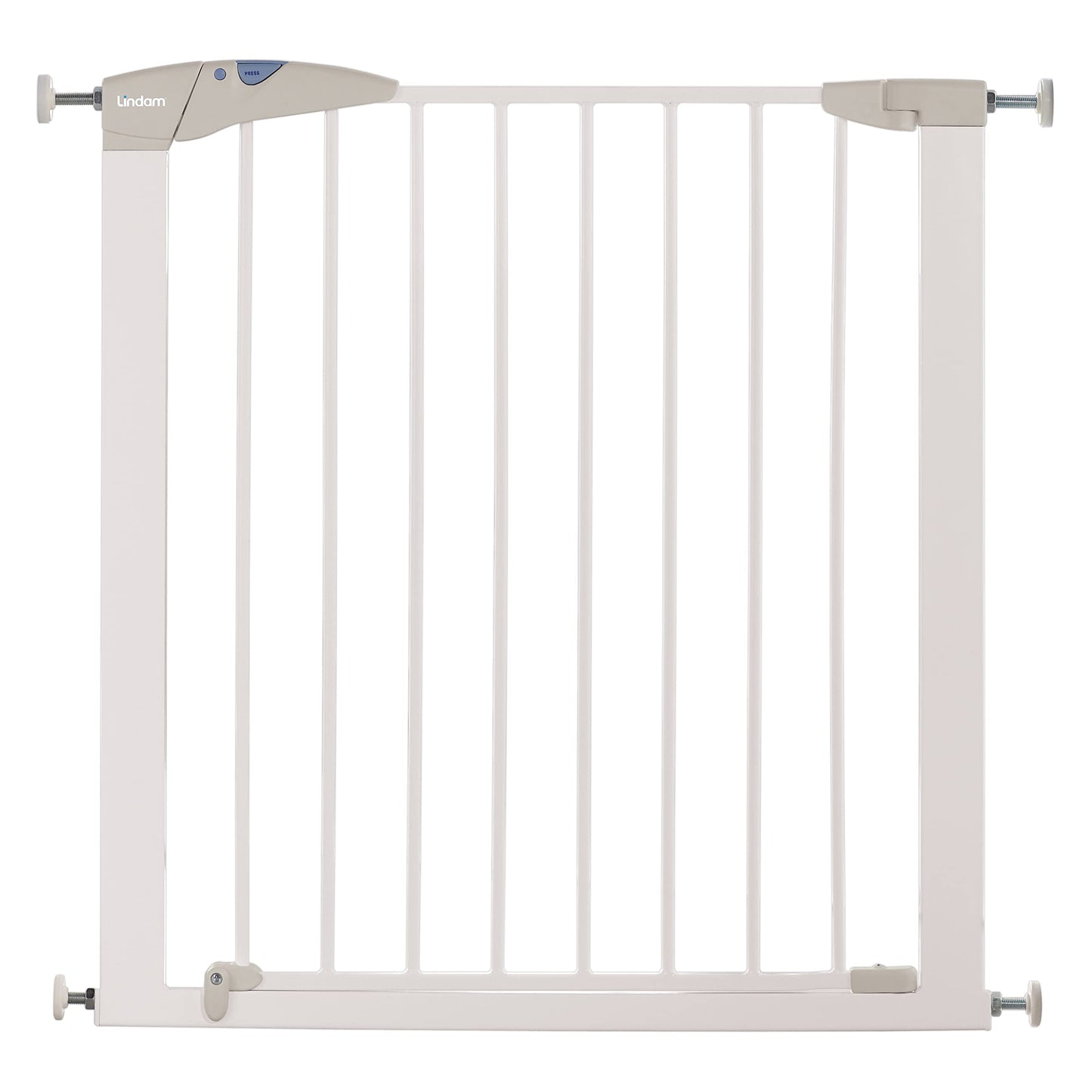 White Munchkin Lindam Sure Shut Axis stair gate, pressure-fit toddler and baby gate for stairs and doorways, easy no-screw install.