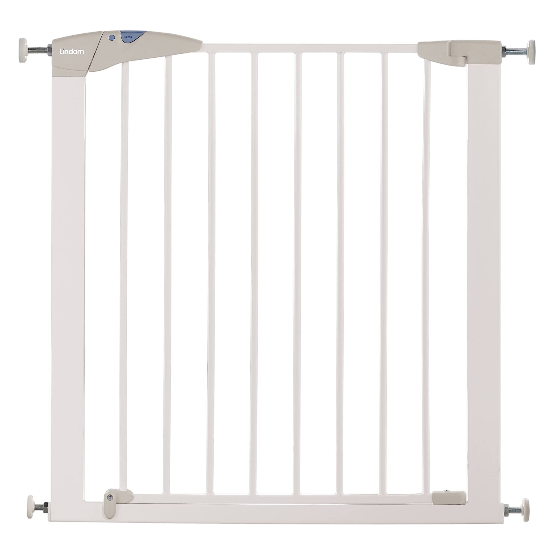 White Munchkin Lindam Sure Shut Axis stair gate, pressure-fit toddler and baby gate for stairs and doorways, easy no-screw install.