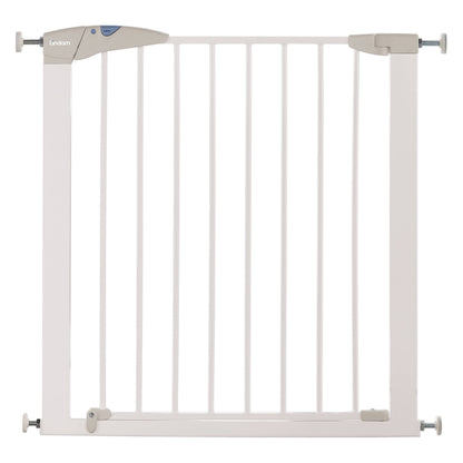 White Munchkin Lindam Sure Shut Axis stair gate, pressure-fit toddler and baby gate for stairs and doorways, easy no-screw install.