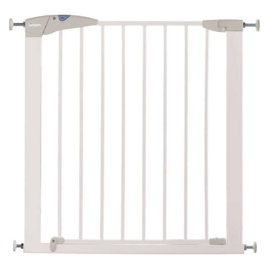 White Munchkin Lindam Sure Shut Axis stair gate, pressure-fit toddler and baby gate for stairs and doorways, easy no-screw install.