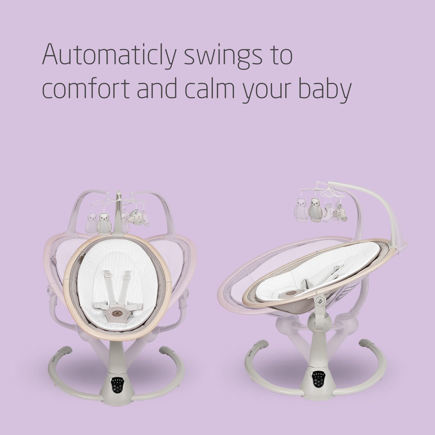 Maxi-Cosi Cassia electric baby swing in classic beige with 360° seat rotation, 12 melodies, and adjustable reclining for infants.