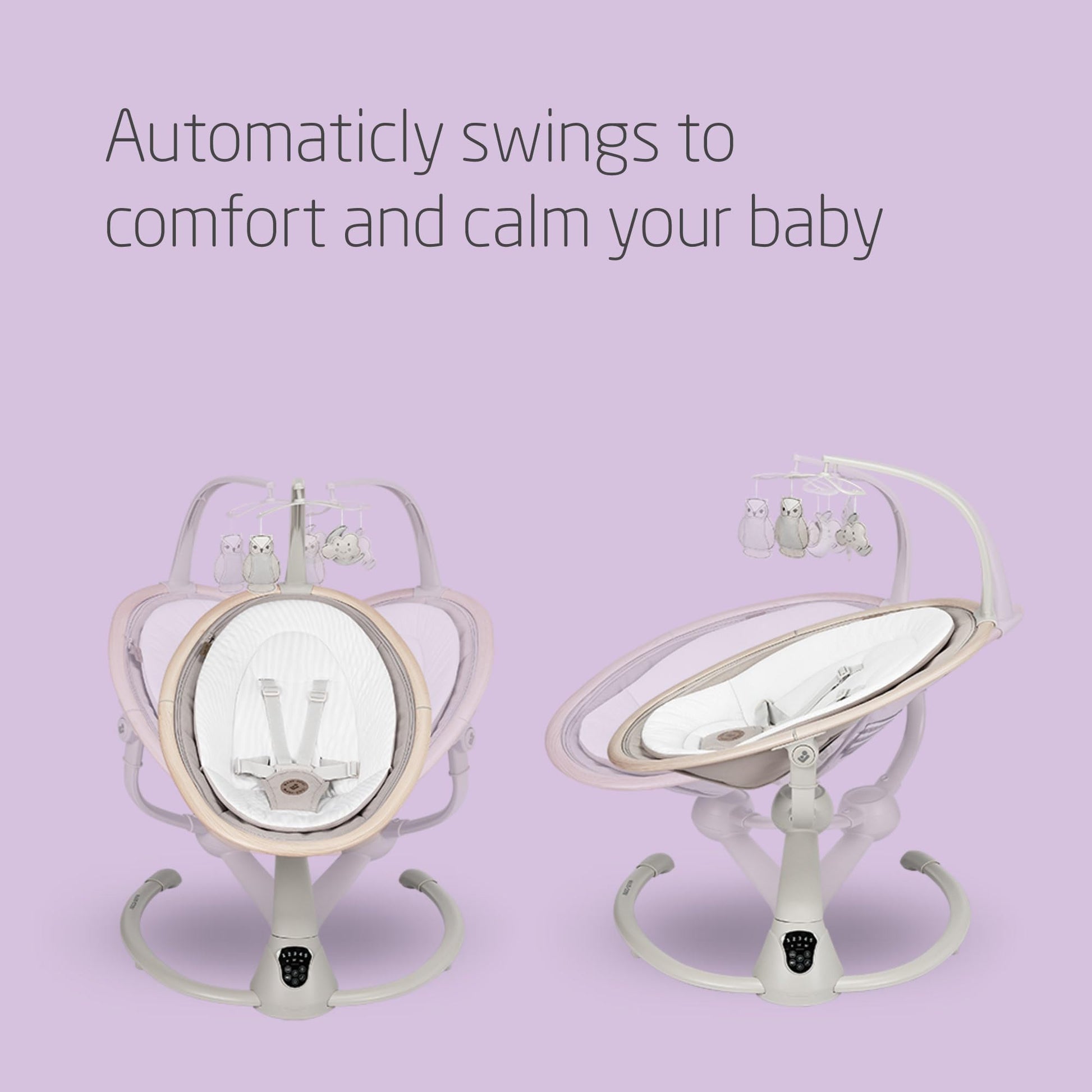 Maxi-Cosi Cassia electric baby swing in classic beige with 360° seat rotation, 12 melodies, and adjustable reclining for infants.