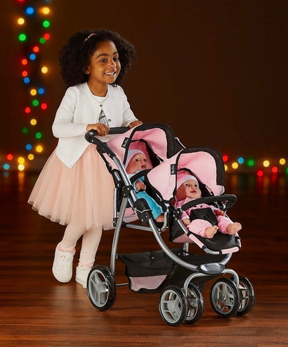 Silver Cross Twin Wave Dolls Stroller, Pink and Black Double Pushchair with Silver Frame, Age 3+, 67L x 46W x 73H cm