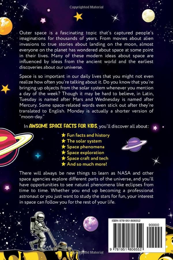 Cover of "Awesome Space Facts for Kids" book by Super Toy Store, featuring colorful space-themed illustrations.