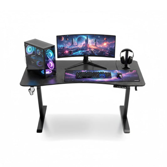 BraZen Esports Pro RGB height adjustable gaming desk with LED lights, black finish, designed for gamers and e-sports setups.