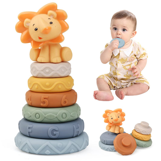 LEADSTAR Stacking Baby Toys Silicone, Lion Sensory Stacker Circles Teething Baby Toy 6 to 12 months, Early Development & Activity Toddler Toys, Silicone Soft Teething Toy, Stacking Toys-7PCS