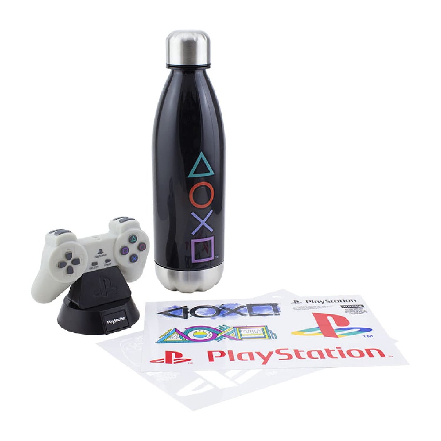 Paladone PlayStation gift set featuring Icons Light, gaming stickers, and a collectible bottle, official PlayStation merchandise.